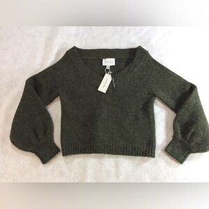 Jason Wu Women’s Olive Green V-Neck Cropped Balloon Sleeve Sweater SZ S